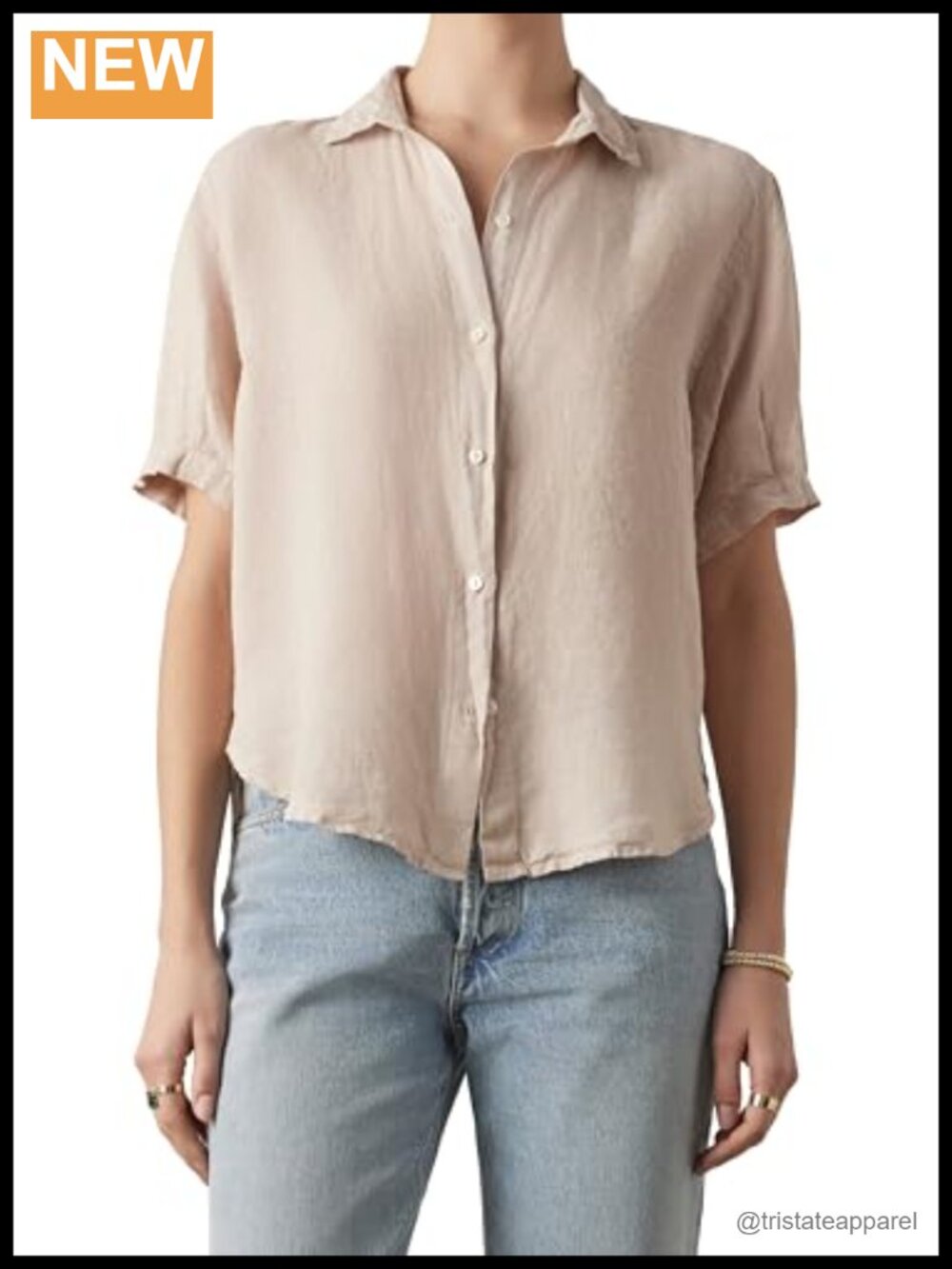 Woven Linen Button-Up Shirt Collared Short Sleeve